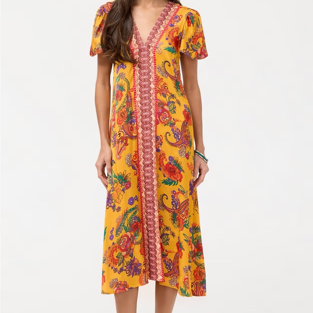 Johnny Was Yellow Floral V-Neck Midi Dress. M . NWT.